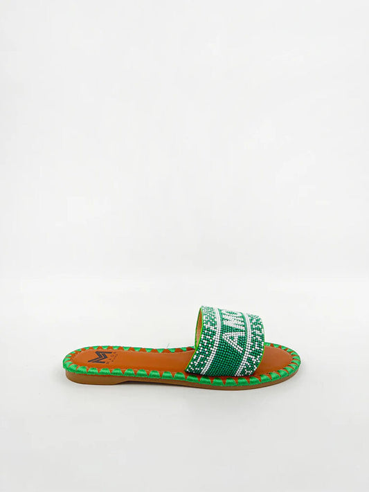 Green Beaded Slip-On Sandal with Geometric Pattern