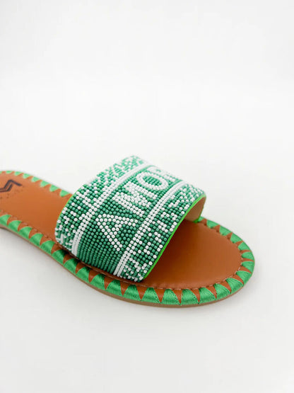 Green Beaded Slip-On Sandal with Geometric Pattern