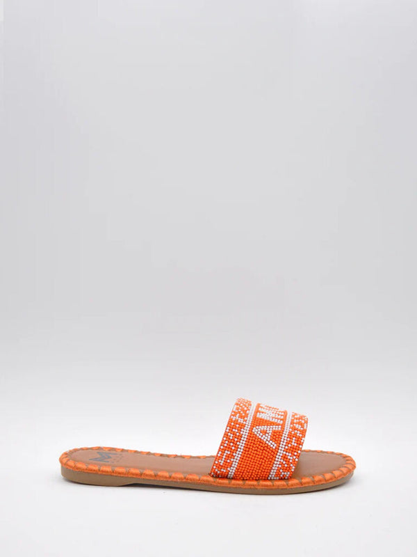 Orange Beaded Slide Sandals with Geometric Accents