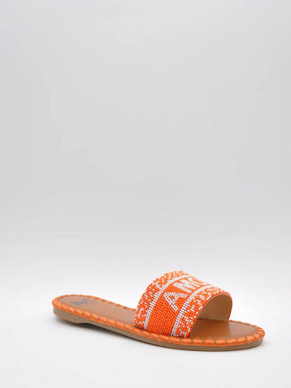 Orange Beaded Slide Sandals with Geometric Accents