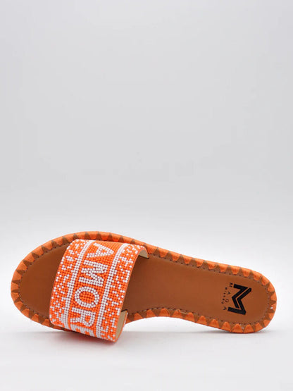 Orange Beaded Slide Sandals with Geometric Accents