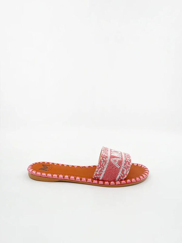 Red Woven Slide Sandals with Patterned Trim