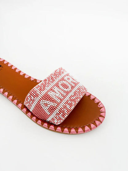 Red Woven Slide Sandals with Patterned Trim