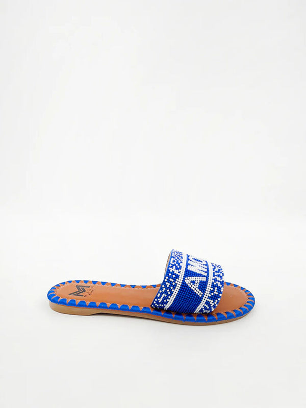 Blue Beaded Slide Sandal with Geometric Pattern