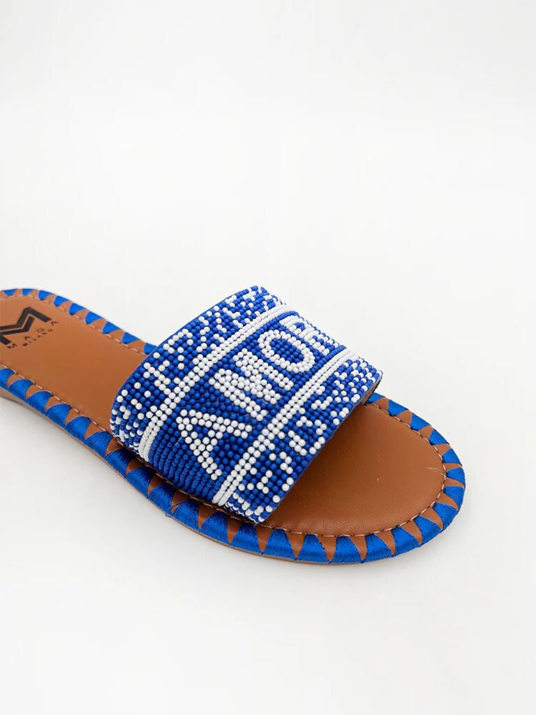 Blue Beaded Slide Sandal with Geometric Pattern