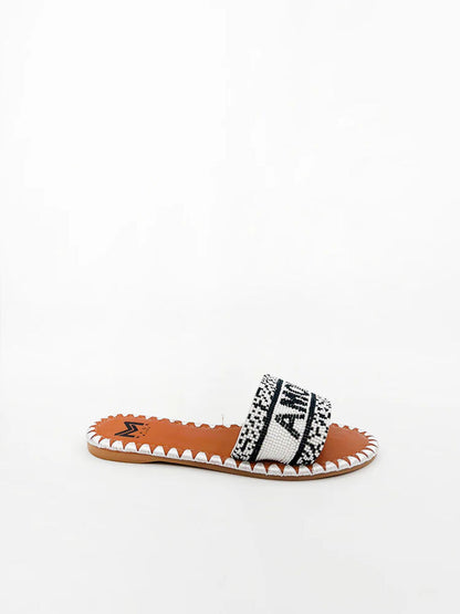 Black and White Woven Slide Sandal with Logo Detail