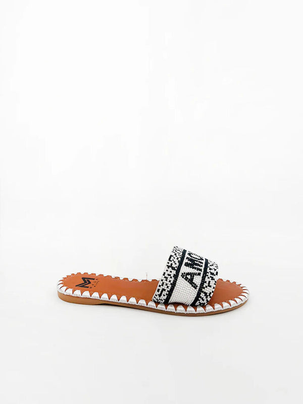 Black and White Woven Slide Sandal with Logo Detail