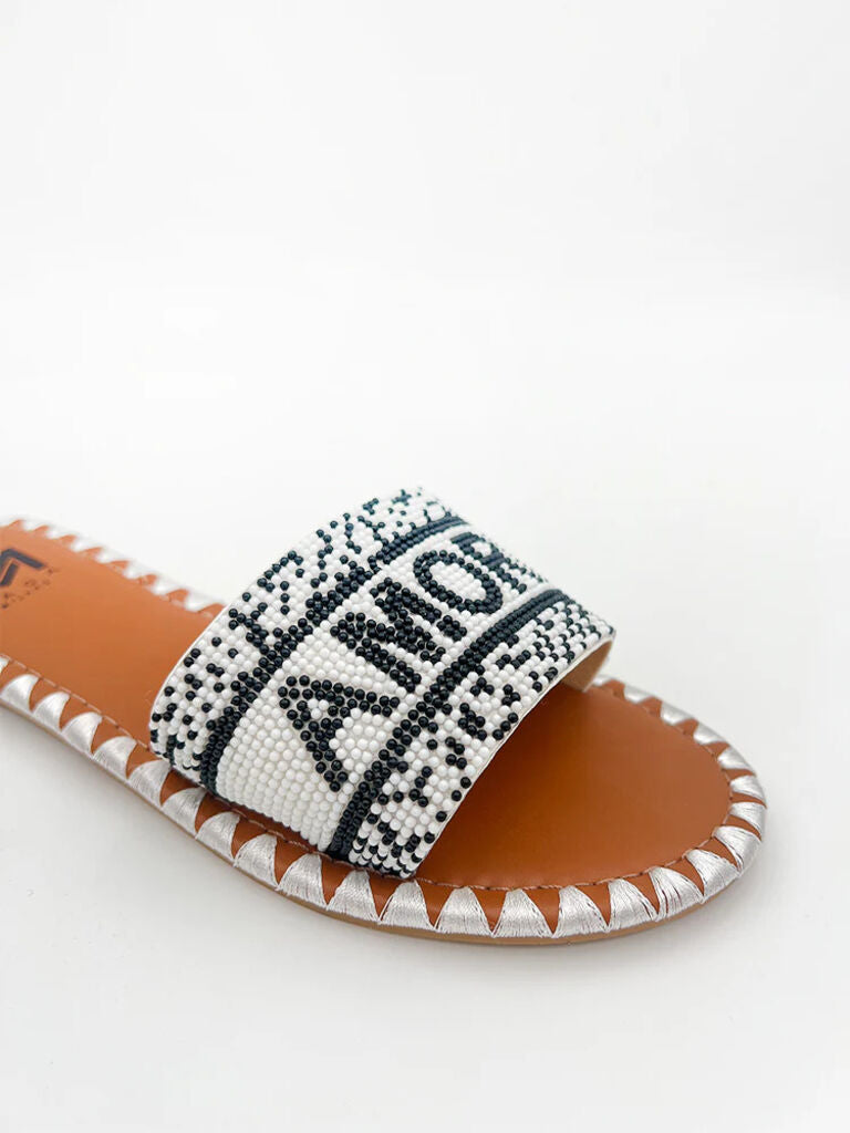 Black and White Woven Slide Sandal with Logo Detail