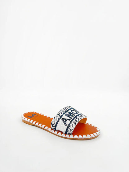 Black and White Woven Slide Sandal with Logo Detail