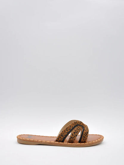 Brown Beaded Slide Sandals with Multi-Strap Design