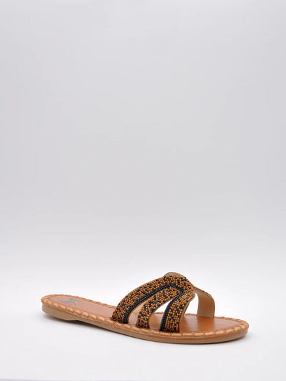 Brown Beaded Slide Sandals with Multi-Strap Design