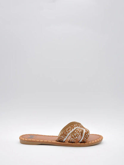 Brown Beaded Slide Sandals with Interwoven Design