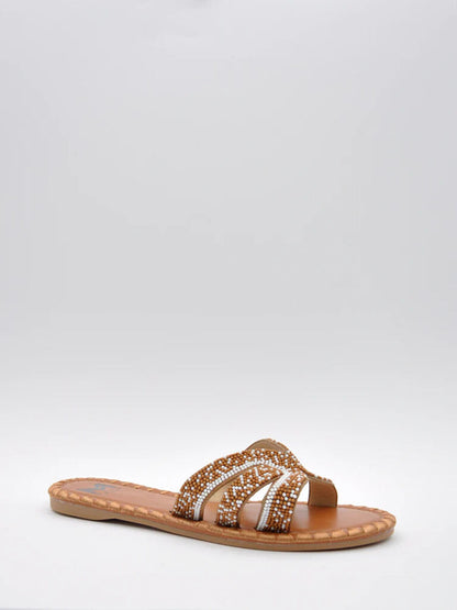 Brown Beaded Slide Sandals with Interwoven Design