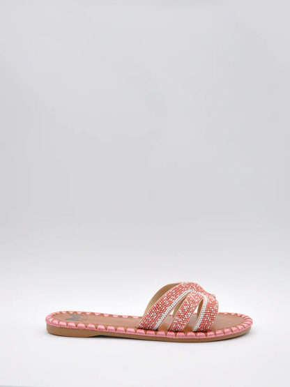 Peach Beaded Slide Sandals with Open Straps