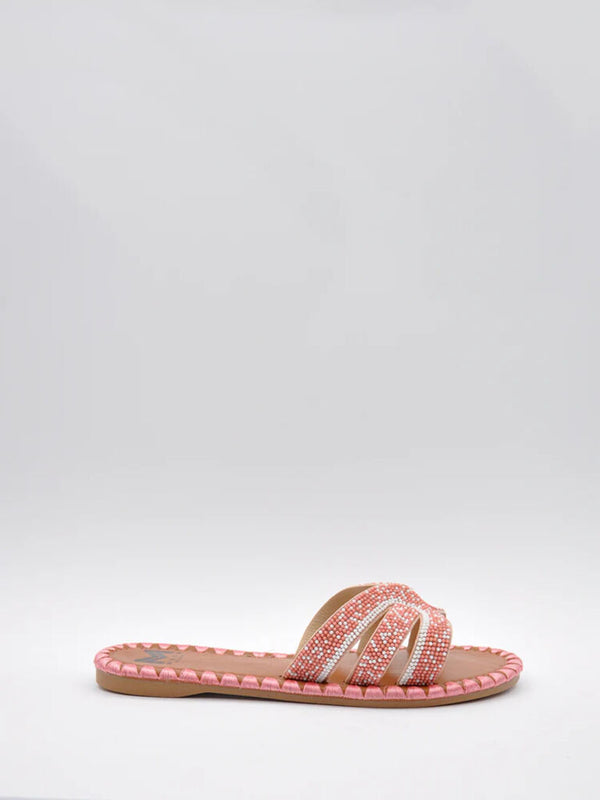 Peach Beaded Slide Sandals with Open Straps