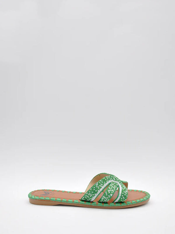 Green Beaded Slide Sandals