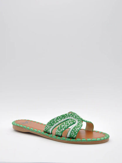 Green Beaded Slide Sandals