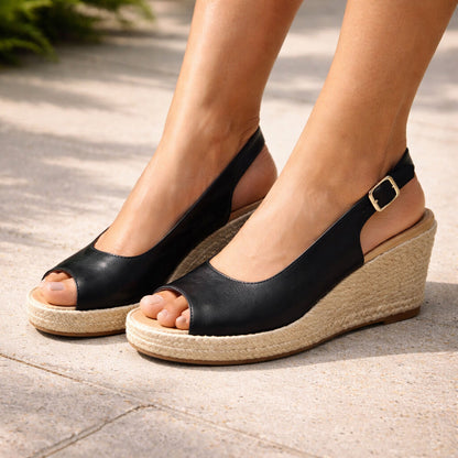 Black Espadrille Wedge Sandals with Adjustable Strap