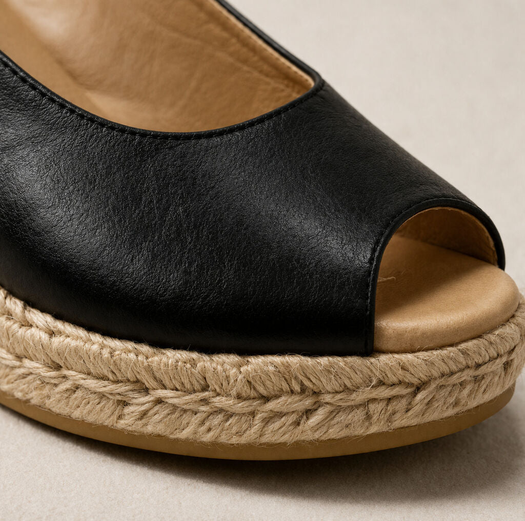 Black Espadrille Wedge Sandals with Adjustable Strap