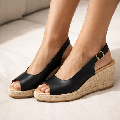 Black Espadrille Wedge Sandals with Adjustable Strap
