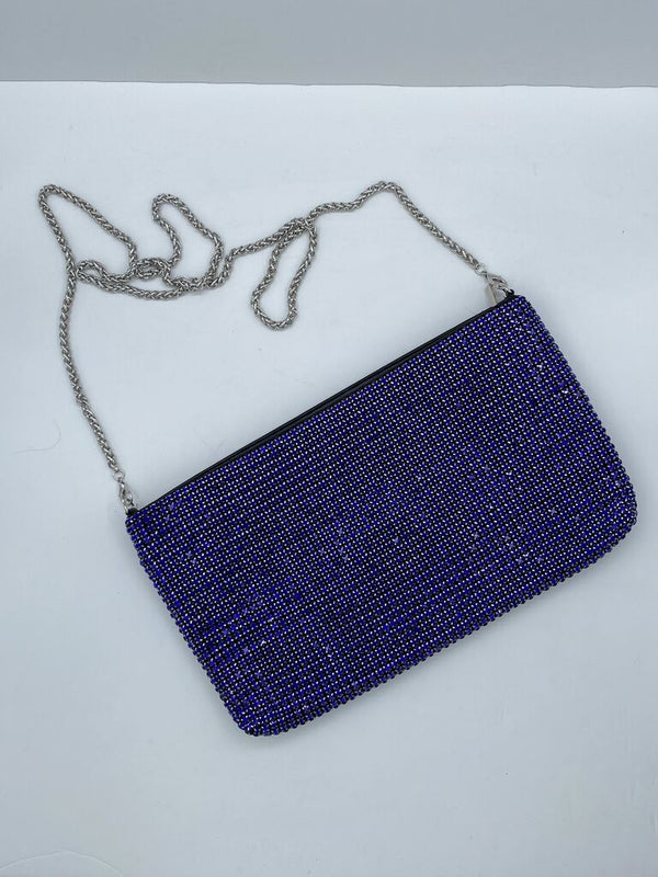 Blue Embellished Clutch Bag with Chain Strap