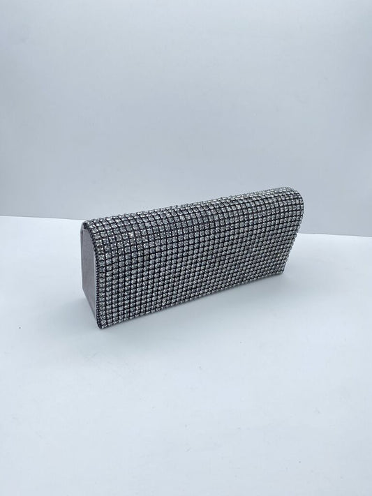 Silver Rhinestone Clutch with Structured Silhouette