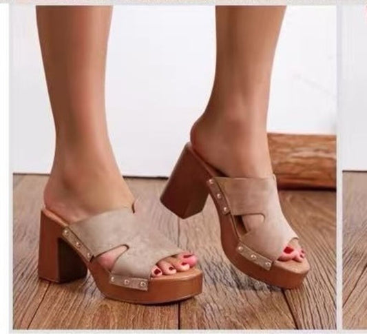 Heeled Mule Open-Toe Suede KHAKI