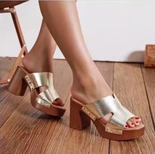 Heeled Mule Open-Toe Laminato GOLD
