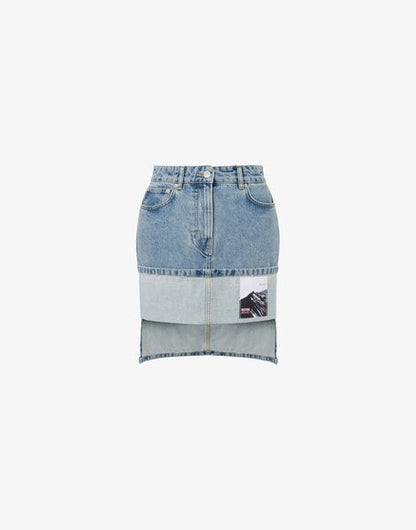 Blue Denim Mini Skirt with Patch Detail