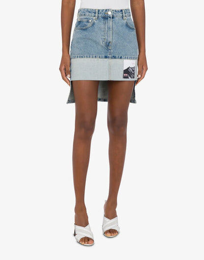 Blue Denim Mini Skirt with Patch Detail