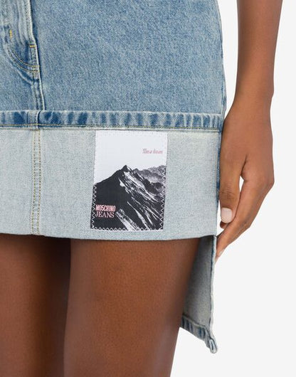 Blue Denim Mini Skirt with Patch Detail