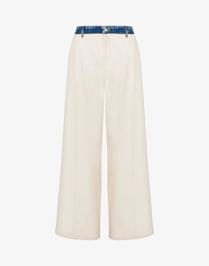 Cream Wide-Leg Trousers with Denim Waistband