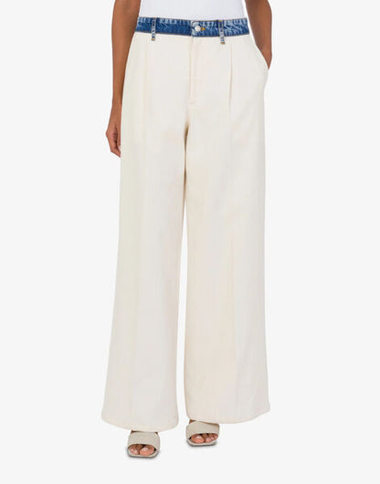 Cream Wide-Leg Trousers with Denim Waistband