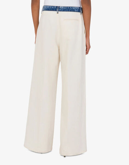 Cream Wide-Leg Trousers with Denim Waistband