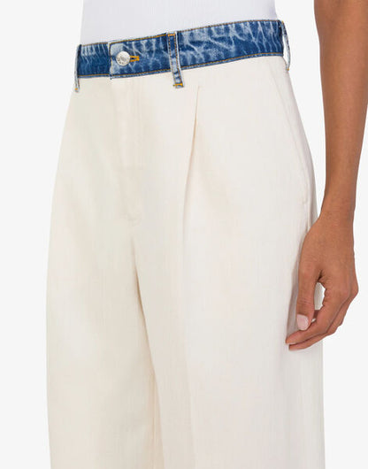 Cream Wide-Leg Trousers with Denim Waistband