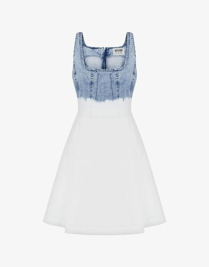 Blue Denim-Effect Dress with Flared Skirt