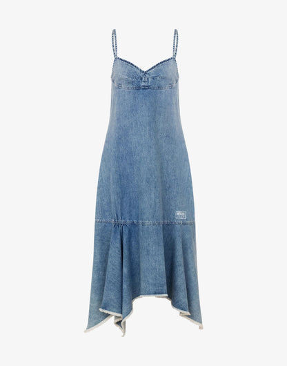 Blue Denim Midi Dress with Asymmetrical Hem