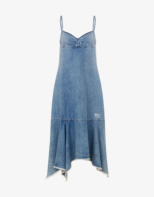 Blue Denim Midi Dress with Asymmetrical Hem