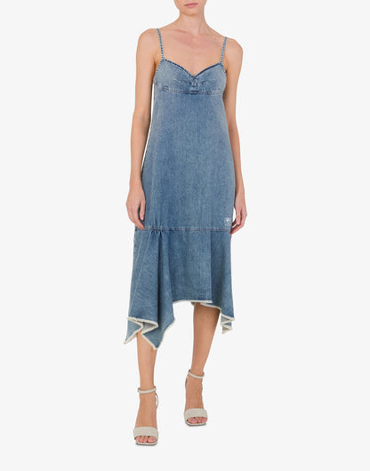 Blue Denim Midi Dress with Asymmetrical Hem