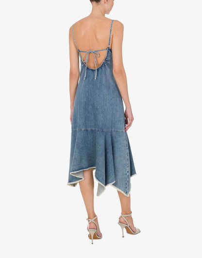 Blue Denim Midi Dress with Asymmetrical Hem