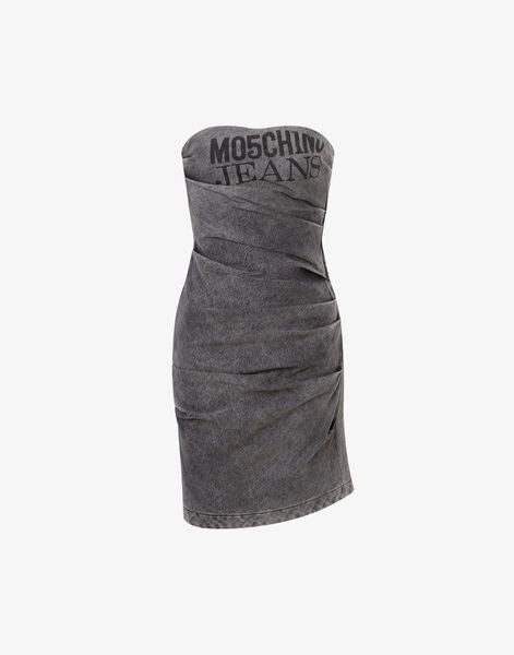 Gray Denim Strapless Dress with Logo Detail