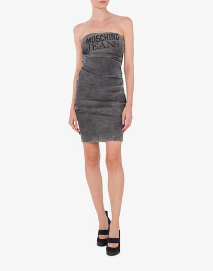 Gray Denim Strapless Dress with Logo Detail