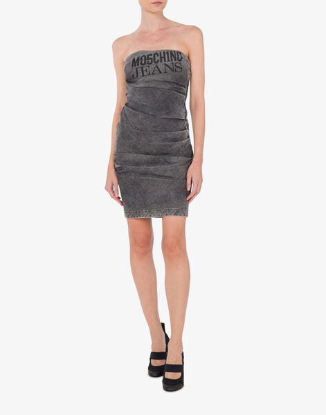 Gray Denim Strapless Dress with Logo Detail