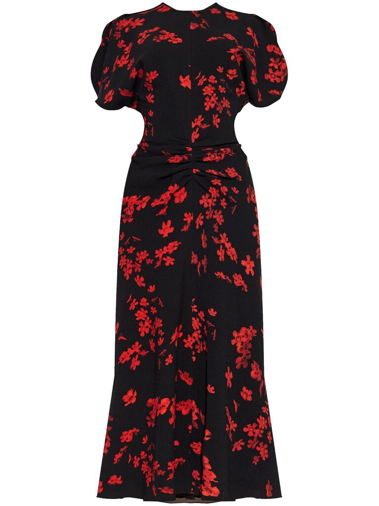 Black Floral Midi Dress with Puff Sleeves