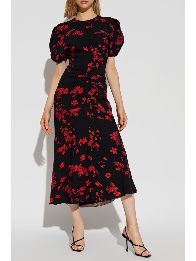 Black Floral Midi Dress with Puff Sleeves
