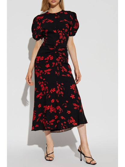 Black Floral Midi Dress with Puff Sleeves