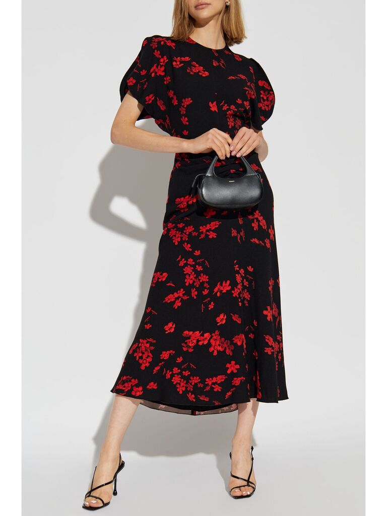 Black Floral Midi Dress with Puff Sleeves