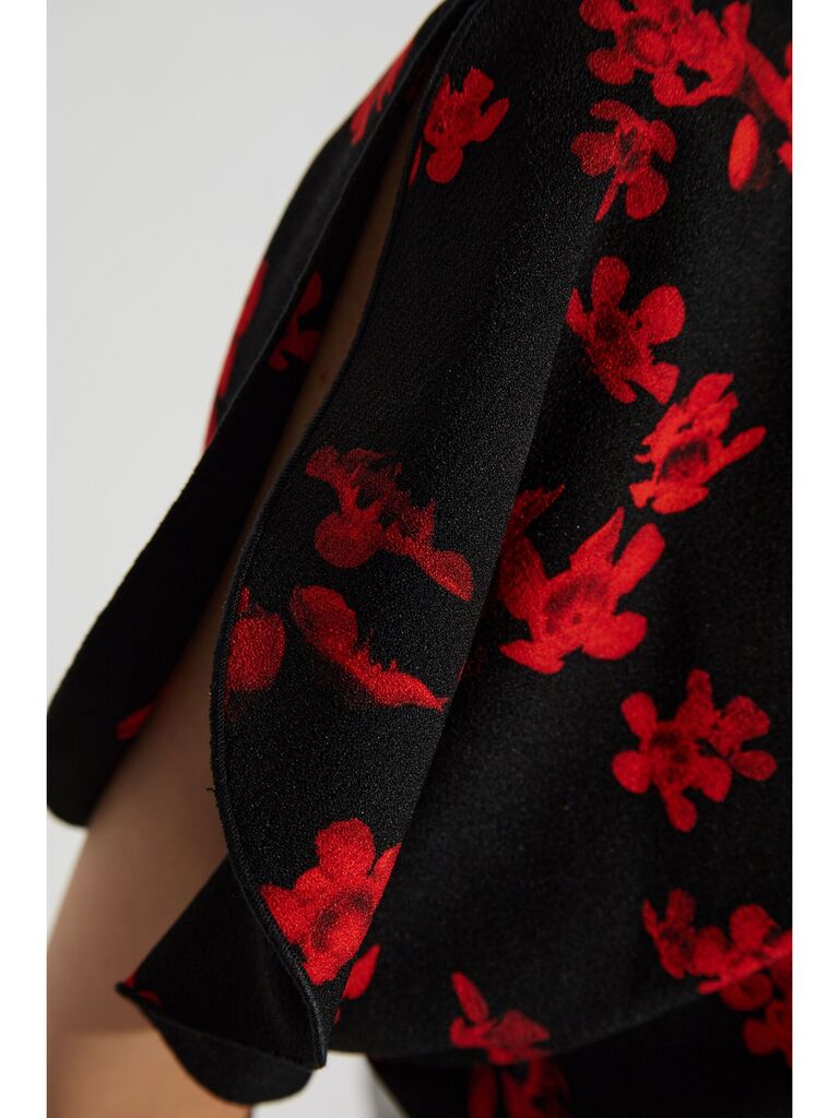 Black Floral Midi Dress with Puff Sleeves