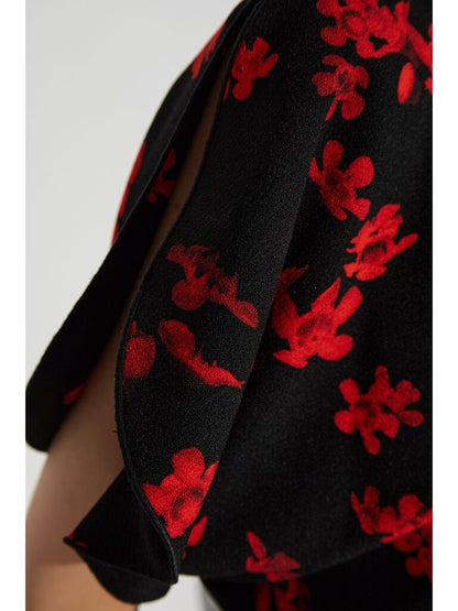 Black Floral Midi Dress with Puff Sleeves