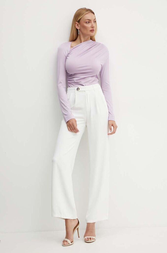 Lilac Draped Long Sleeve Top with Asymmetric Neckline